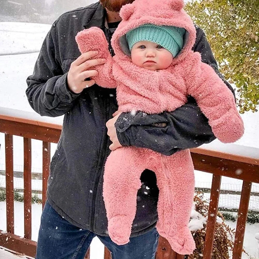 Warm Newborn Pink Baby Snowsuit Cotton Fleece Hooded Romper Bear Pattern 0-3M